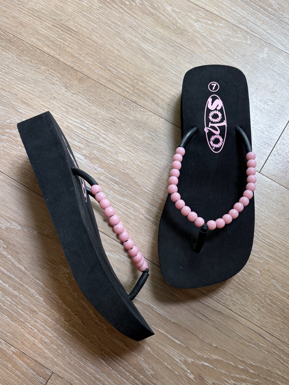 Y2K Beaded Pink Strap Black Platform Flip Flops